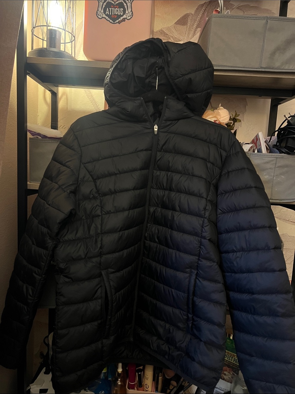 Black Hooded Packable Puffer Jacket - Women's